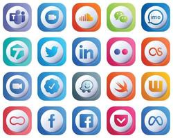 20 Cute Modern 3D Gradient Social Media Icons such as flickr. linkedin. imo. tweet and tagged icons. Fully Editable and Modern vector