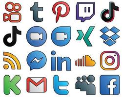 alimentación de iconos de redes sociales de estilo de línea rellena. dropbox y xing 20 iconos editables vector