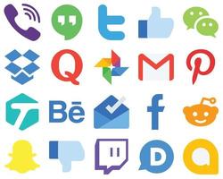 20 iconos planos de redes sociales de diseño de materiales pinterest. Email. wechat iconos de gmail y preguntas. colección de iconos de redes sociales degradados vector