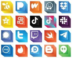 3D Social Media Brand Icons for Mobile App 20 Icons Pack such as mesenger. slack and video icons. Fully customizable and high-quality vector