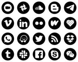 20 High-Definition White Social Media Icons on Black Background such as flickr. linkedin. blogger and video icons. Professional and clean vector