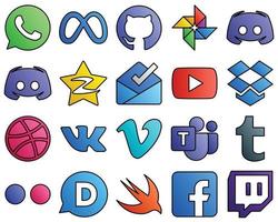 20 iconos con estilo vk. buzón. colección de iconos de redes sociales de estilo de línea llena de video y bandeja de entrada vector