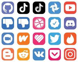 20 íconos esenciales de las redes sociales como el zoom. texto. video. mensajes e íconos de insignia verificados de twitter. iconos de redes sociales degradados vector