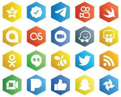 paquete de iconos blancos de color plano hexagonal como odnoklassniki. waze. iconos rápidos y de vídeo. 25 iconos elegantes vector