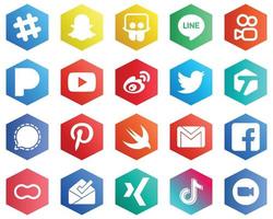 25 iconos blancos limpios como señal. Weibo. iconos etiquetados y de twitter. fondos de color plano hexagonal vector