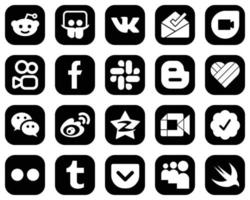 20 íconos profesionales de medios sociales blancos sobre fondo negro como China. Weibo. iconos de messenger y likee. de alta calidad y minimalista vector