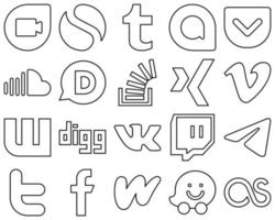 20 Unique and customizable Black Outline Social Media Icons such as digg. video. disqus. vimeo and overflow icons. Fully editable and versatile vector