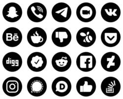 20 íconos versátiles de medios sociales blancos sobre fondo negro como facebook. video. iconos de transmisión y comportamiento. alta definición y profesional vector