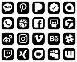 20 Customizable White Social Media Icons on Black Background such as meta. fb. china and weibo icons. Clean and minimalist vector