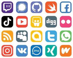 20 elegantes íconos de redes sociales como digg. video. iconos de youtube y china. conjunto de iconos de degradado vector