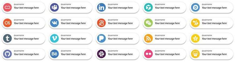 20 estilo de tarjeta sígueme íconos de plataforma de redes sociales con opción de mensaje personalizado como video. Tumblr disqu. iconos de enjambre y wechat. alta definición y versátil vector