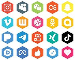 Telegrama de colección de iconos de color blanco plano hexagonal. vimeo pandora y odnoklassniki 20 iconos de alta calidad vector