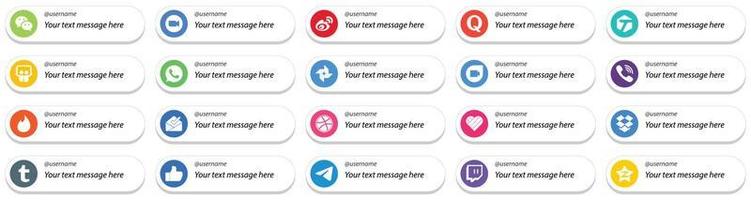 20 estilo de tarjeta de alta calidad sígueme íconos de redes sociales con opción de mensaje personalizado como viber. foto de google China. whatsapp e iconos etiquetados. único y de alta definición vector