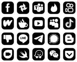 20 High-Quality White Social Media Icons on Black Background such as douyin. myspace. wattpad and video icons. Customizable and unique vector