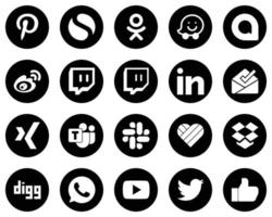 20 iconos innovadores de medios sociales blancos sobre fondo negro como likee. iconos del equipo y de la bandeja de entrada de Microsoft. único y de alta definición vector