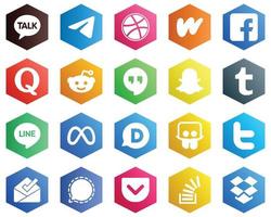 25 Editable White Icons such as meta. tumblr. fb. snapchat and reddit icons. Hexagon Flat Color Backgrounds vector