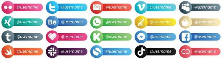 20 Follow me Social Network Platform Icons with Username such as caffeine. stock. video. question and whatsapp icons. Elegant and minimalist vector