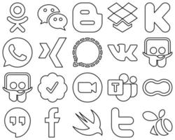 20 íconos minimalistas de redes sociales de línea negra como video. insignia verificada de twitter. iconos de whatsapp y slideshare. versátil y premium vector