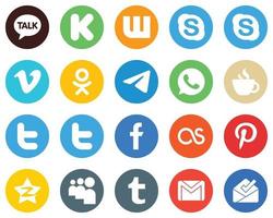 20 Modern White Icons tweet. odnoklassniki. streaming and whatsapp Flat Circle Backgrounds vector