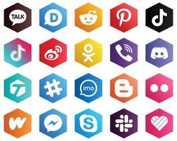 Hexagon Flat Color White Icon Pack such as discord. rakuten and viber icons. 25 Unique Icons vector
