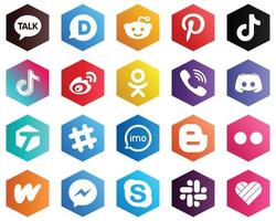 paquete de iconos blancos de color plano hexagonal como discordia. iconos de rakuten y viber. 25 iconos únicos vector