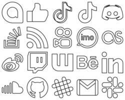 20 Simple Black Line Social Media Icons such as feed. overflow. discord. stock and stockoverflow icons. Fully customizable and professional vector