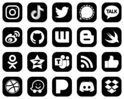 20 High-Resolution White Social Media Icons on Black Background such as sina. twitter and weibo icons. Clean and professional vector