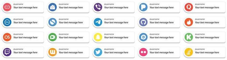 estilo de tarjeta sígueme íconos con mensaje personalizable para los mejores paquetes de 20 redes sociales como Telegram. quora iconos simples y de video. limpio y profesional vector