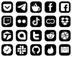 20 Simple White Social Media Icons on Black Background such as video. fb. douyin and yahoo icons. Fully customizable and professional vector