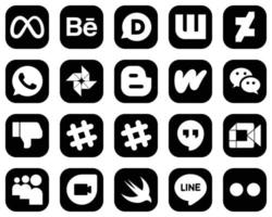 20 íconos minimalistas de medios sociales blancos sobre fondo negro, como Google Hangouts. Facebook. blogger no me gusta y los iconos de wechat. versátil y premium vector