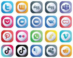 Lindos íconos degradados en 3D para el paquete de 20 de las principales redes sociales, como Flickr. mujeres. zoom. iconos de madres y vk. moderno y de alta resolución vector