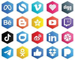 25 Clean White Icons such as douyin. twitch. blogger and video icons. Hexagon Flat Color Backgrounds vector