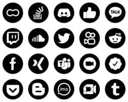 20 Professional White Social Media Icons on Black Background such as music. soundcloud. message. twitch and facebook icons. Eye-catching and high-quality vector