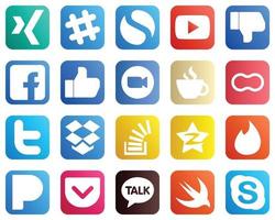 20 íconos de redes sociales para cada plataforma, como la transmisión. pensión completa. iconos de reunión y zoom. alta definición y profesional vector