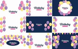 Happy Birthday text with a chalkboard-style background and hand-drawn elements such as streamers and balloons. vector