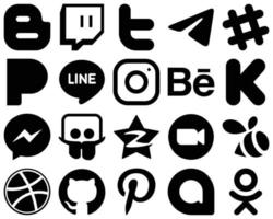 20 Creative Black Solid Icon Set such as messenger. kickstarter. spotify. behance and meta icons. Fully editable and versatile vector