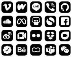 20 Customizable White Social Media Icons on Black Background such as fb. simple. github. slideshare and meta icons. Fully customizable and high-quality vector