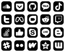 20 Attractive White Social Media Icons on Black Background such as twitch. google duo. video. facebook and tweet icons. Modern and professional vector