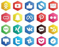 25 elegantes íconos blancos como yahoo. pinterest correo. iconos de facebook y snapchat. fondos de color plano hexagonal vector