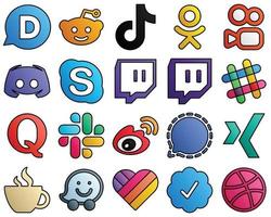 20 Unique icons quora. twitch. kuaishou and chat Filled Line Style Social Media Icon Set vector