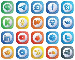 20 Cute High Quality 3D Gradient Social Media Icons such as linkedin. dropbox. skype. literature and odnoklassniki icons. Professional and Customizable vector