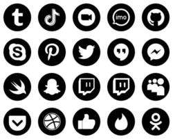 20 Attractive White Social Media Icons on Black Background such as pinterest. skype. meeting. github and video icons. High-quality and creative vector