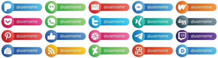 Card Style Icons for Popular Social Networks with Username 20 pack such as like. digg. wattpad. xing and twitter icons. High resolution and fully customizable vector