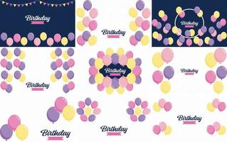 Happy Birthday in a playful. bubbly font with a background of balloons and party streamers vector