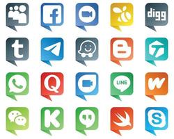 20 elegantes íconos de redes sociales estilo burbuja de chat, como etiquetado. blogger enjambre. iconos de waze y messenger. minimalista y de alta resolución vector