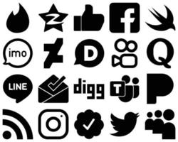 20 conjuntos de iconos de medios sociales de glifo negro de alta calidad, como quora. disqu. iconos de deviantart y video. editable y de alta resolución vector