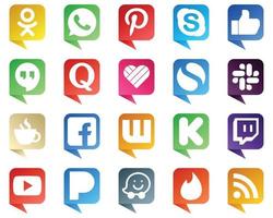 20 iconos de redes sociales de estilo de burbuja de chat de alta resolución como fb. quora iconos de transmisión y holgura. creativo y profesional vector