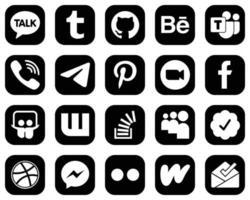 20 elegantes íconos blancos de redes sociales sobre fondo negro como facebook. reunión. iconos de video y pinterest. alta definición y versátil vector