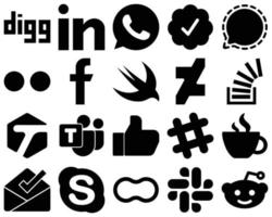 20 elegantes íconos negros sólidos de redes sociales como stock. desbordamiento de existencias. iconos de flickr y deviantart. creativo y llamativo vector