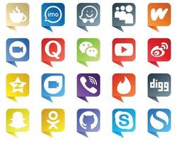 20 íconos de redes sociales estilo burbuja de chat minimalista como wechat. quora iconos de myspace y video. llamativo y de alta calidad vector